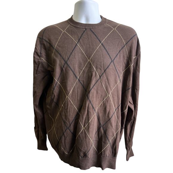 J. Ferrar Sweaters - 🧶 J. Ferrar L Brown Argyle Sweater 100% Cotton Preppy 90s Y2K Knit Layer